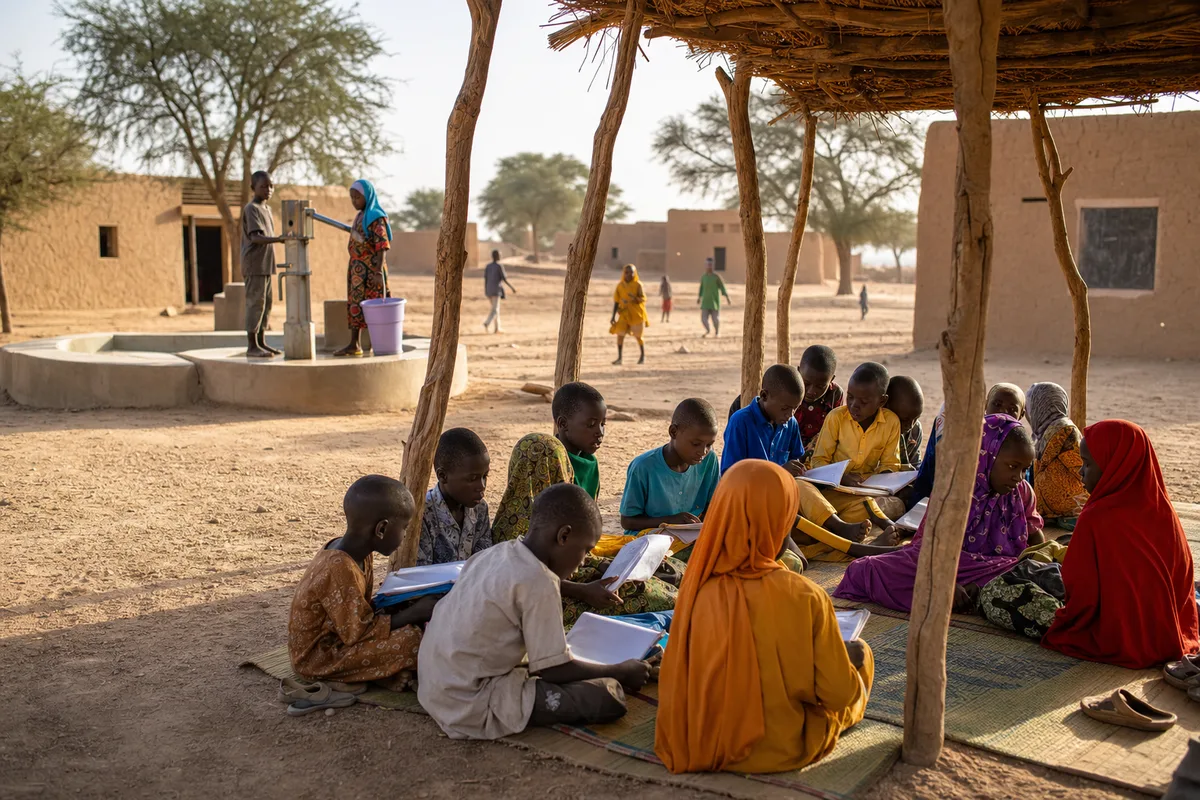 Children studying under a shade structure near a water well in a village in Niger