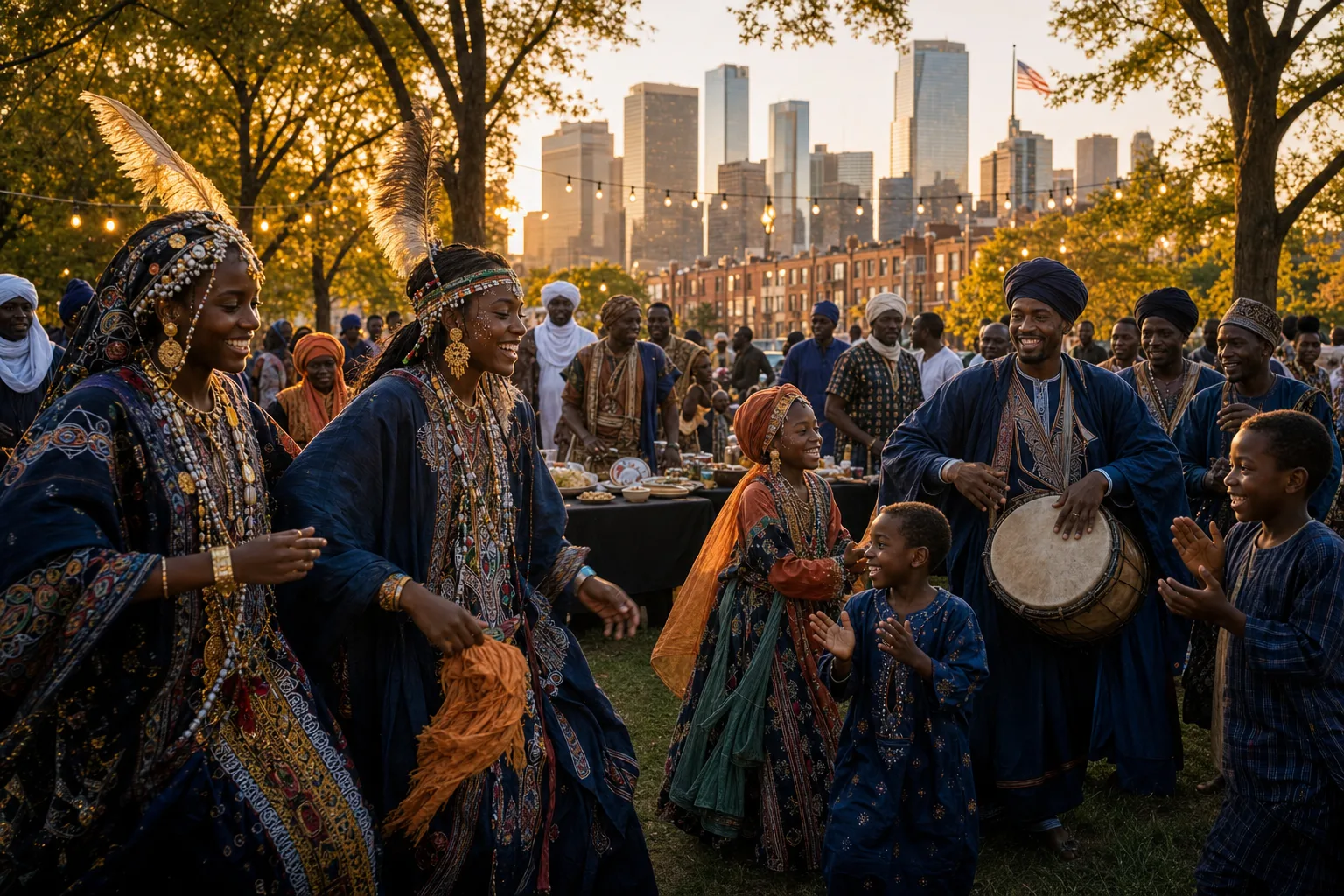 Fulbe community celebrating with dance and drums in an American city park at dusk