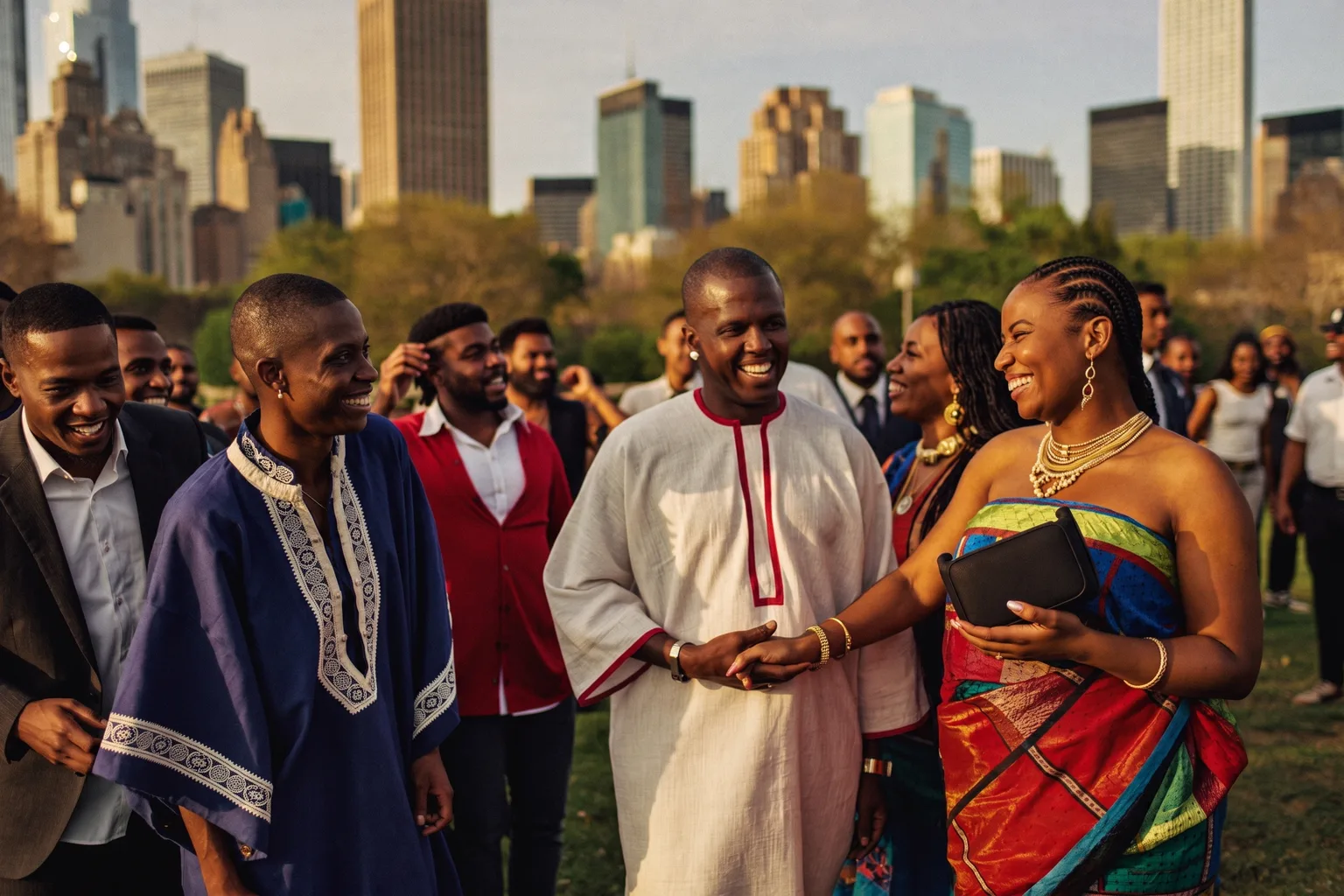 Fulbe men and women in traditional boubous and modern dress gathered at golden hour in an American city park