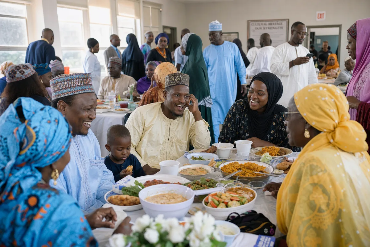 Multigenerational Fulbe diaspora families sharing a meal in a community hall in America